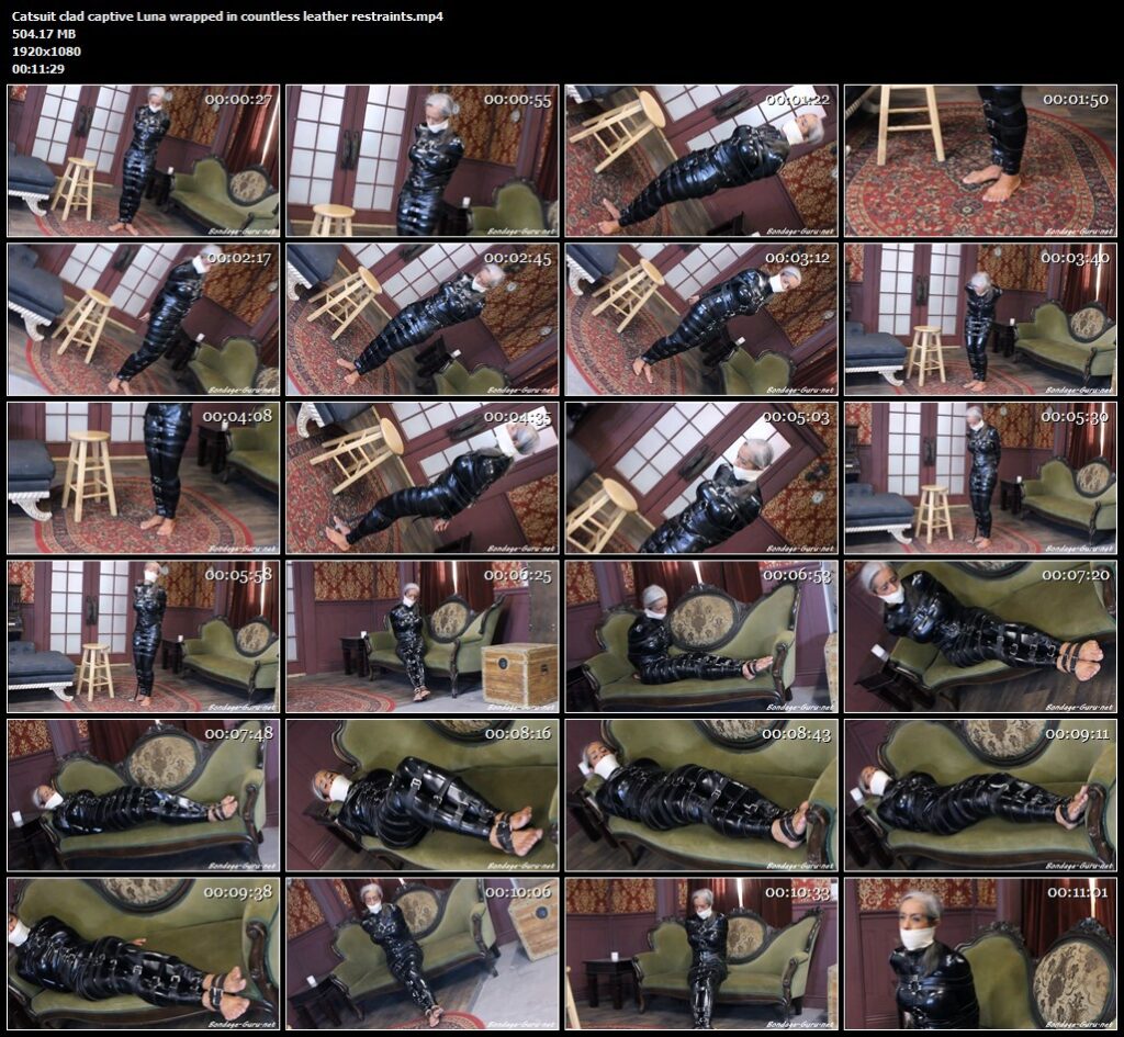 Catsuit clad captive Luna wrapped in countless leather restraints.mp4