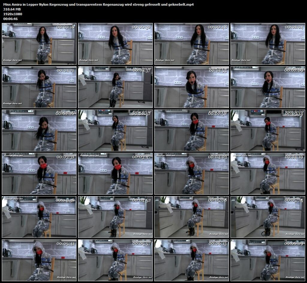 Miss Amira in Lepper Nylon Regenzeug und transparentem Regenanzug wird streng gefesselt und geknebelt.mp4