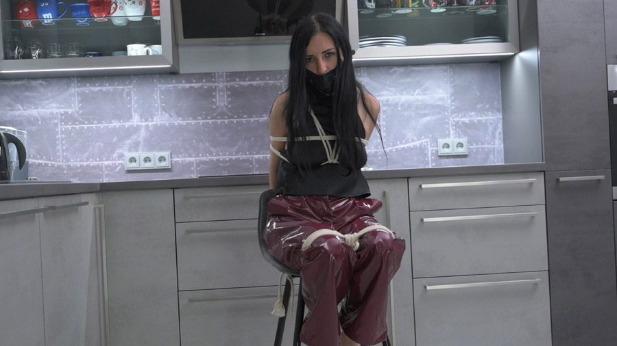 Miss Amira in sexy vinyl pants is bound and gagged gagging scenes