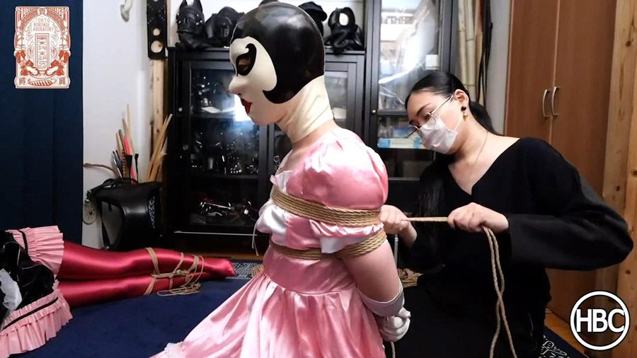 PVC maid and Crossdressing Satin Maid are Tied Together in Rope and Have Tickle Fight