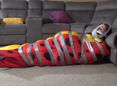 Gina Rae Michaels BONDAGE – Courtneys pillow stuffed duct taped cocoon with an 8 layer gag and panty head