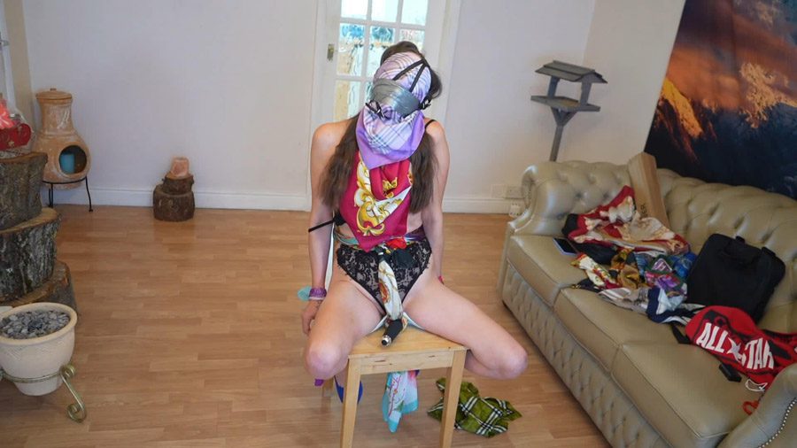 Muffled Screams Scarf bound and scarf gag with ball gag harness and pvc tape claires orgasm struggle